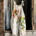 Women's Casual Linen Overall Jumpsuit Watercolor Frog Print Sleeveless Beach Romper - 3XL / Dresses / 047