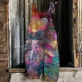 Women colorful leaf print cotton linen jumpsuit casual sleeveless spaghetti strap romper - 3XL / Dresses / Color 050