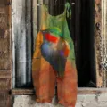 Women linen cotton casual printed bib overalls vintage art bird sleeveless jumpsuit - 3XL / Dresses / 048