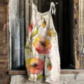 Women summer cotton linen floral print overall jumpsuit casual beach strap pants. - 3XL / Top And Bottom / 045