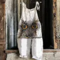 Women casual linen cotton jumpsuit with cute owl print sleeveless overall beach wear - 3XL / Top And Bottom / Color 041