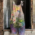 Women's cotton linen jumpsuit floral print casual sleeveless summer beach overall rompers - 3XL / Top And Bottom / 049