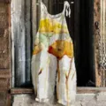 Women cotton linen floral printed overall jumpsuit casual sleeveless summer beach pants - 3XL / Top And Bottom / 051