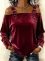 Donna casual top in velluto con spalle scoperte e maniche lunghe con fibbie decorative. - Borgogna