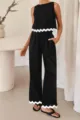 Casual solid two-piece set with sleeveless top and wide-leg pants featuring contrast scalloped hems. - S / Top And Bottom / Black