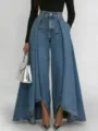 Modische Hose mit hohem Bund, Kunstjeansoptik und langem Drapierungseffekt für Damen. - S / Blau