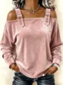 Top a maniche lunghe in velluto rosa spalle scoperte con eleganti dettagli di cinturino e fibbia - Taglia S / Rosa
