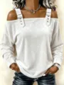 Top Donna Spalla Scoperta Velluto Bianco Manica Lunga con Cinturini Fibbia Casual - Taglia S / Bianco