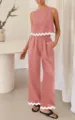Women solid casual two piece set sleeveless crop top wide leg pants with scalloped trim - S / Top And Bottom / Pink