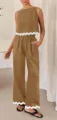 Casual Khaki Two Piece Set Sleeveless Crop Top Wide Leg Pants with Pockets for Women - Khaki
