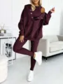Detail view of women casual 3-piece tracksuit in burgundy featuring ribbed fabric and hoodie. - S / Set / Dark Blue