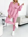 Detailed view of the stylish pink 3-piece ribbed sportswear set featuring cozy hoodie. - S / Set / Pink