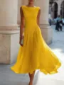 Elegant bright yellow cowl neck midi dress, sleeveless pleated waist party vacation dress. - Yellow