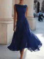 Elegant navy blue sleeveless cowl neck pleated midi dress for resort party wear. - Dark Blue