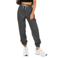 Detailed view of dark grey high-waist drawstring sweatpants with cuffed hems for casual wear. - S / Army Green