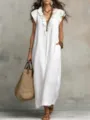 Femme printemps decontracté col V volants robe longue ample avec poche style chic - S / Robes / Blanc
