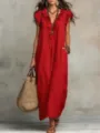 Vue détaillée de la robe longue rouge élégante avec encolure en V et superbes volants. - S / Robes / Rouge