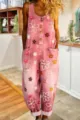Vintage pink denim overalls for women, retro floral embroidered wide leg jumpsuit streetwear. - 3XL / Pink