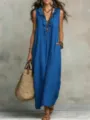 Damen blau ärmellos Rüschen V-Ausschnitt langes Kleid Freizeit Taschen Maxikleid Frühling - 3XL / Blau