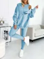 Blue three-piece tracksuit detail view featuring a cozy hoodie, ribbed tank top, and leggings. - S / Set / Blue