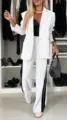 Damen Casual Langarm Revers Blazer und weite Hosen Anzug Set mit schwarzen Streifen - S / Oberteil und Hose / Weiß