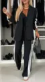 Women casual blazer suit long sleeve jacket and pants with white side stripe fashion - S / Top And Bottom / Black