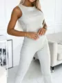 Women gray ribbed sleeveless tank top and slim pants casual sportswear two piece set - S / Top And Bottom / Light Heather Grey