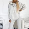 Cozy 3-piece grey loungewear set with hooded sweatshirt, matching vest and comfortable leggings. - S / Tops / Light Heather Grey