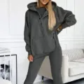 Women three piece loungewear set dark grey hooded sweatshirt vest and leggings casual outfit - S / Tops / Dark Heather Gray