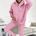 Cozy pink 3-piece tracksuit set featuring a button hoodie, vest, and ribbed leggings for women. - S / Tops / Pink