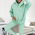 Women mint green ribbed tracksuit 3 piece set hoodie vest leggings activewear casual outfit - S / Tops / Green
