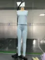Women casual light blue ribbed tank top and leggings two piece set for daily wear. - S / Top And Bottom / Blue