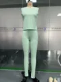 Mint green ribbed top and leggings set, comfortable knitted two-piece outfit for women. - S / Top And Bottom / Green