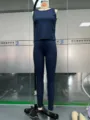 Women's solid ribbed sleeveless tank top and leggings two piece set casual sportswear outfit. - S / Top And Bottom / Dark Blue