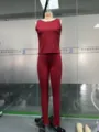 Red ribbed tank top and leggings two-piece set for women, casual slim fit sportswear. - S / Top And Bottom / Burgundy