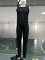 Black ribbed women tank top and leggings set, slim fit casual sportswear outfit for daily wear. - S / Top And Bottom / Black
