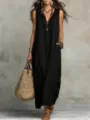 Black sleeveless V-neck ruffle maxi dress with side pockets for women casual spring wear. - Black