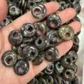 Natural green and red mottled agate off-center donut beads for jewelry making - Bloodstone