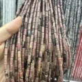 Close-up detail of 4x9mm cylindrical pink natural stone beads for DIY jewelry making - Rectangle Strip (Length 38cm) / Rhodonite with Black Lines