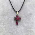 Natural ruby zoisite gemstone cross pendant necklace with a black braided cord - Ruby Zoisite