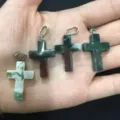 Natural stone crystal cross pendants in moss agate and green aventurine stones - India Agate