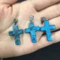 Natural blue stone cross pendant with unique mineral texture for DIY necklace making - Blue Agate