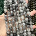 Hochwertige facettierte natürliche schwarze Rutilquarz-Rundperlen für DIY-Schmuck - Natürlicher Schwarzer Rutilquarz