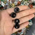 Polished black natural stone donut beads with off-center holes for DIY jewelry making crafts - Black Agate