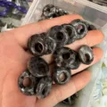 Dark gray mottled natural stone donut beads for DIY jewelry making - Larvikite