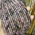 5x12mm natural stone bamboo tube beads in mixed pink and green colors for DIY - Approx. 32 Pieces/Pack / Rhodonite