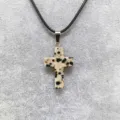 Natural Dalmatian jasper stone cross pendant necklace with black waxed cord. - Spotted Stone