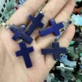 Natural blue stone crystal cross pendant with metal clasp for DIY necklace jewelry making - Enhanced Lapis Lazuli