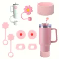 Pink silicone tumbler accessories set, 40oz cup boot, straw cover, spill stopper. - Pink