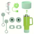 Silicone tumbler boot, flower straw cover and leak proof plug set for 40OZ cups, detail view. - Green